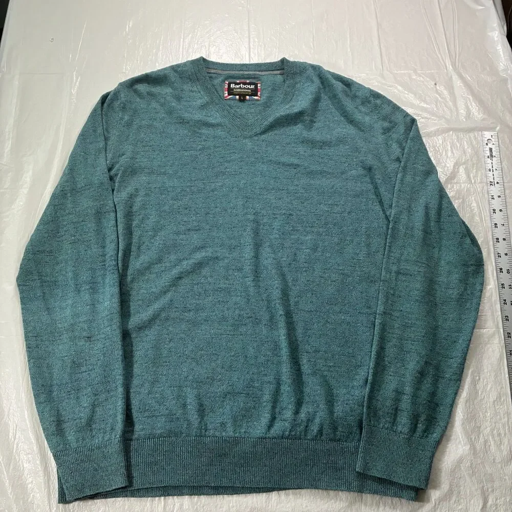 Barbour International Cotton V-Neck Pullover Sweater Men's L Blue Green